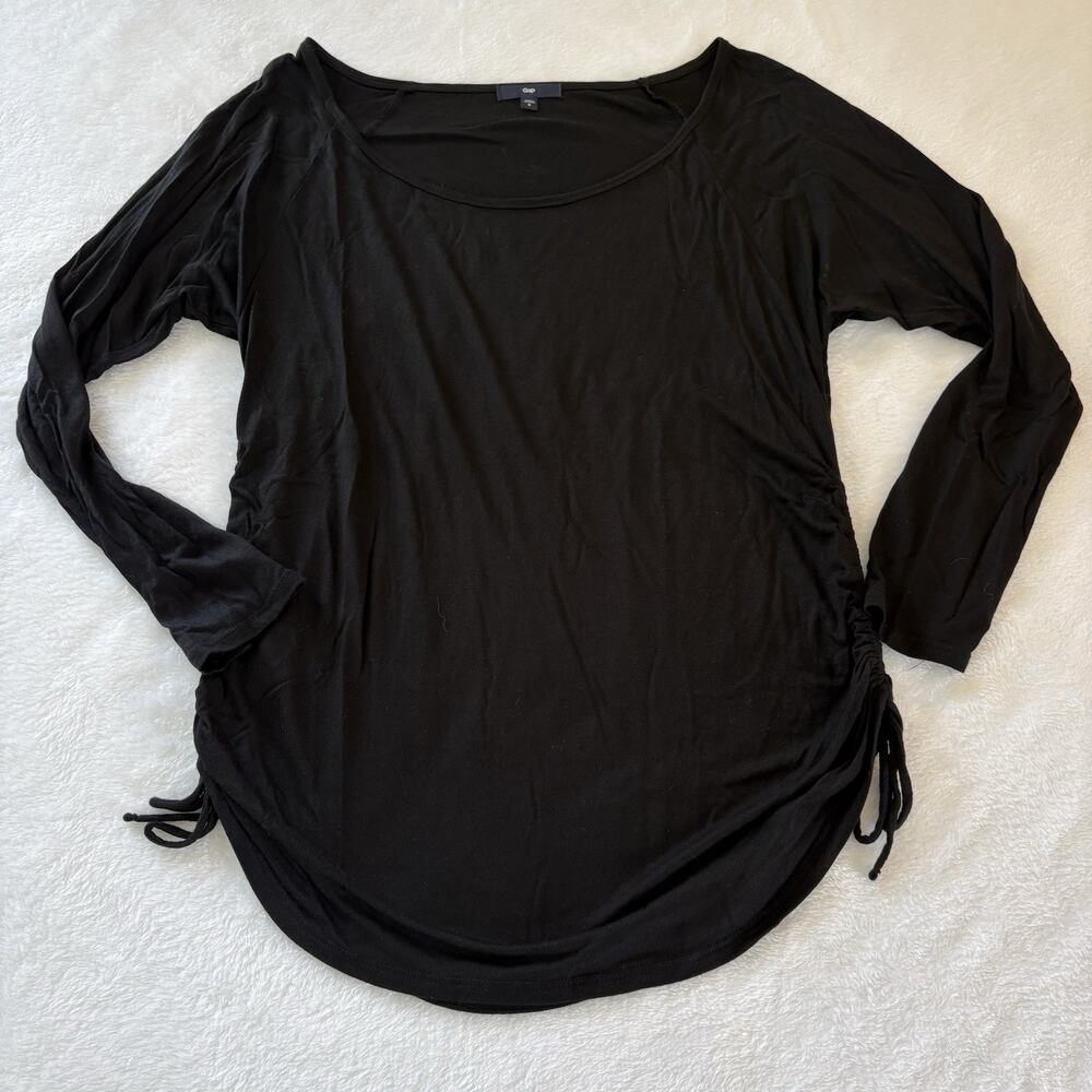 GAP Women’s Size Small Black Solid Long Sleeve Scoop Neck T-Shirt Ruched Sides